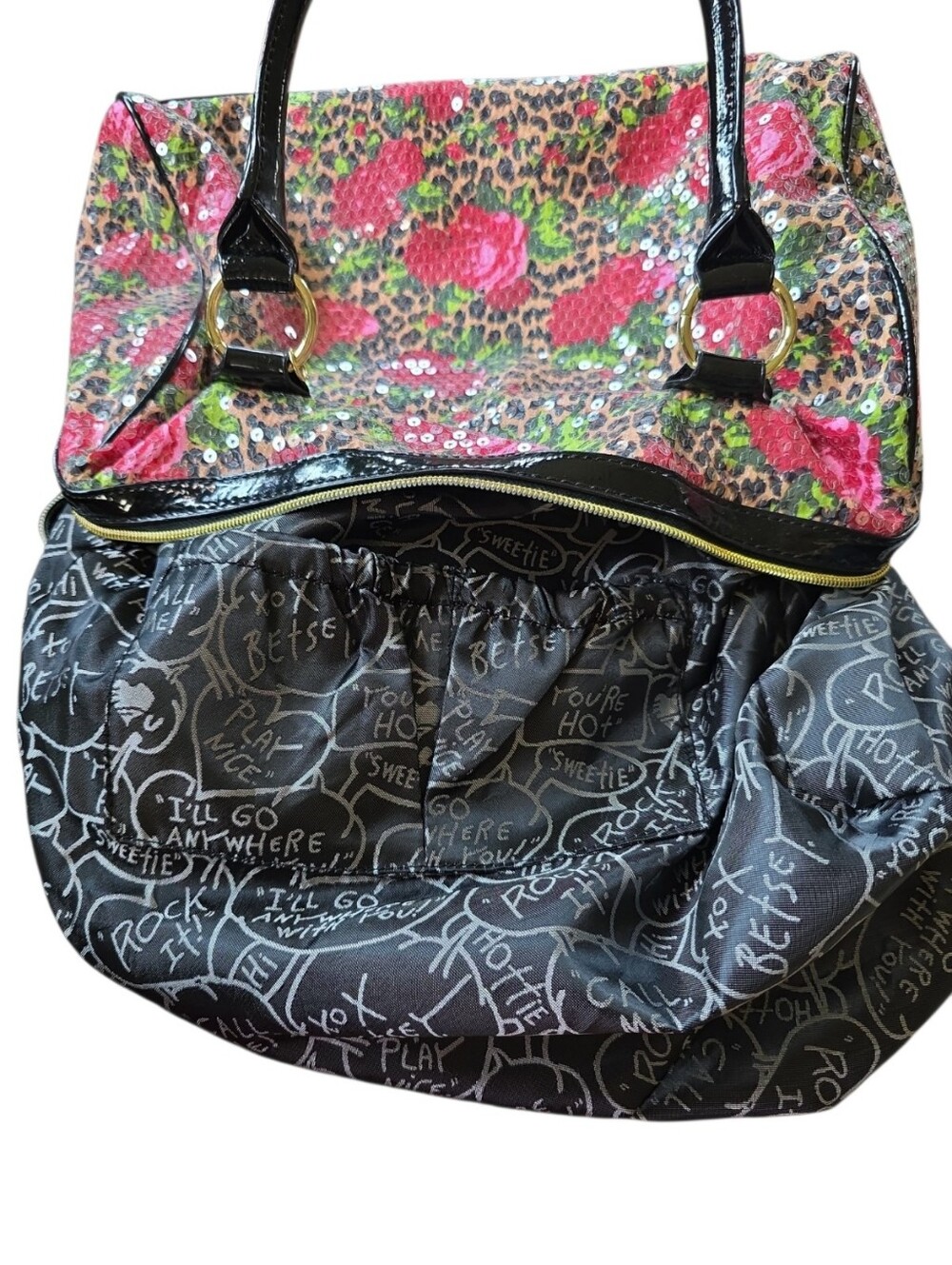 Betsey Johnson Y2K Sequin Leopard Rose Satchel Shoulder Bag Patent Purse - Picture 11 of 15